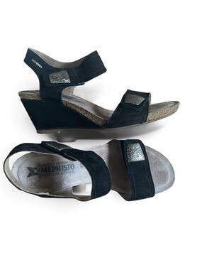 Mephisto Black Suede Wedge Sandals with Metallic Accents